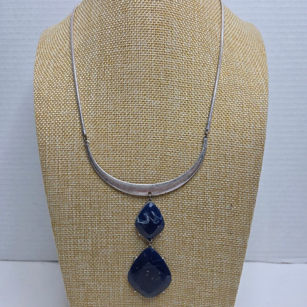 Silvertone Half Moon Necklace W/ Double Drop Faux Blue Stone Pendants